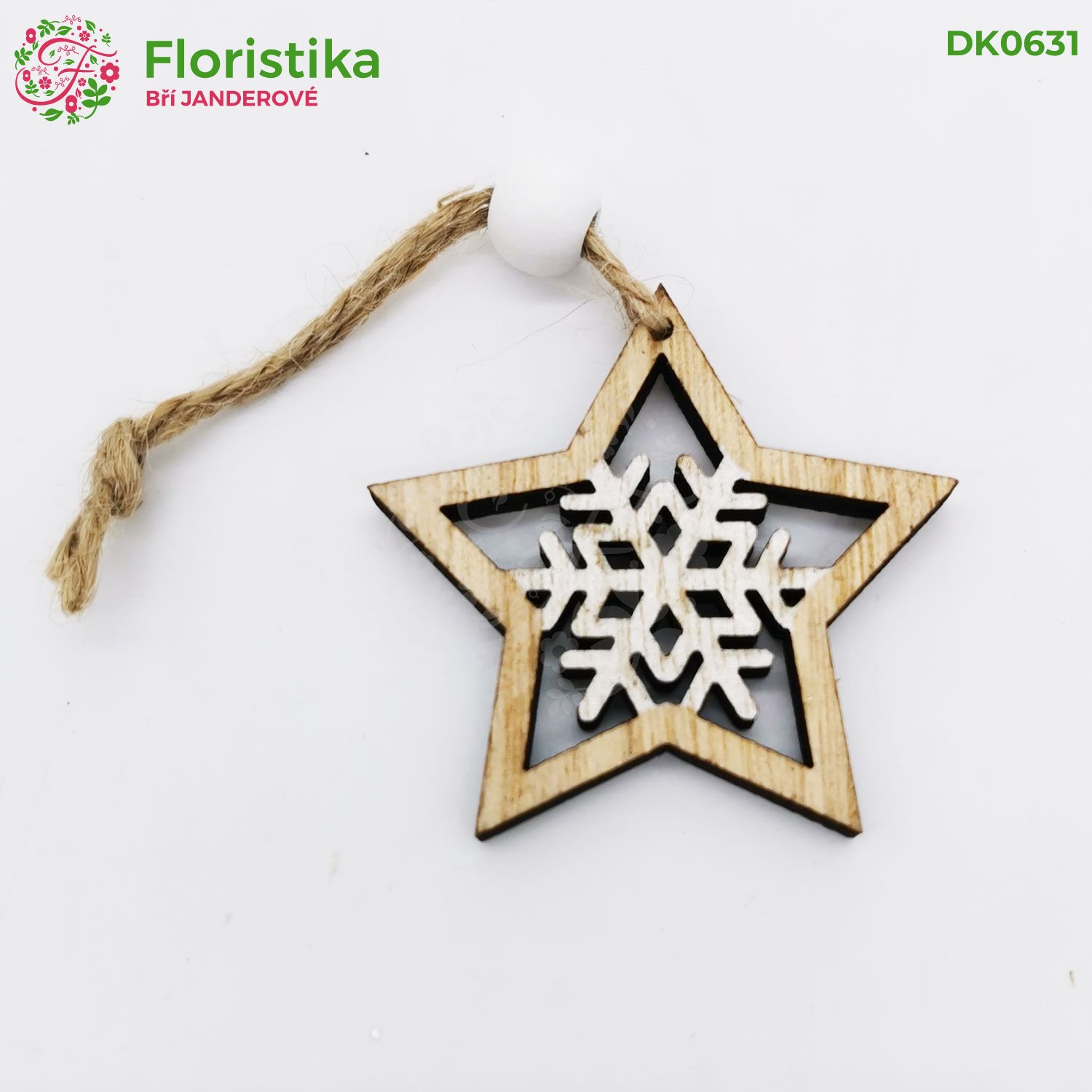 Dřevěná hvězda - vločka s korálkem na zavěšení 5cm/6ks
