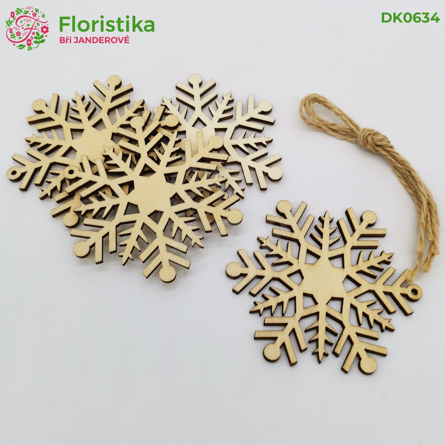 Dřevěná přírodní vločka na zavěšení 8cm/4ks