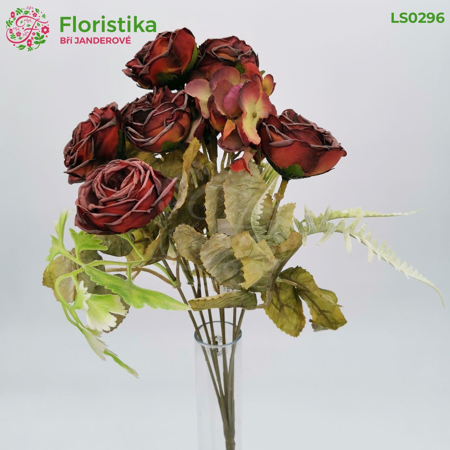 Jesenná kytica z kožených ruží s hortenziou 34 cm