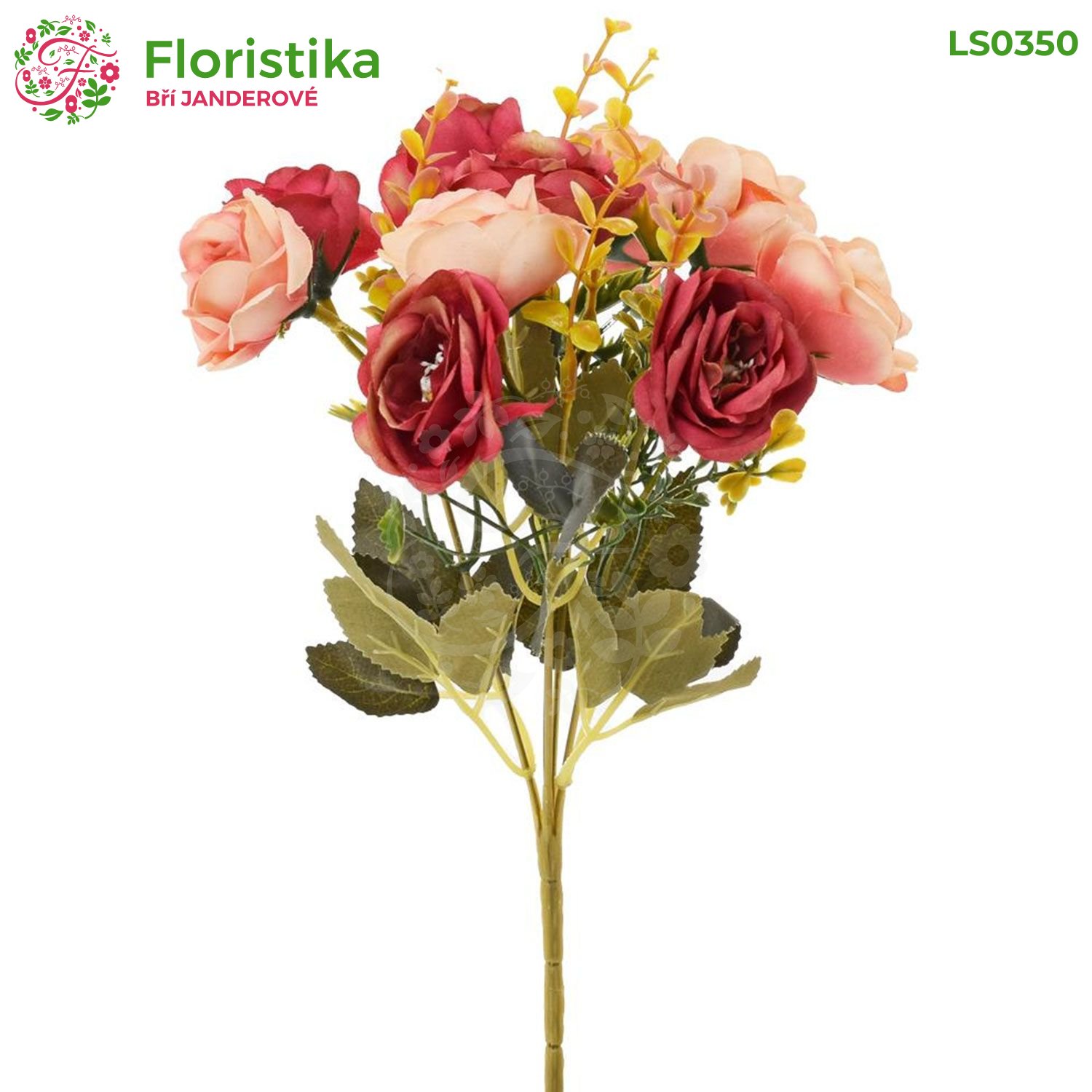 Kytica umelých ruží s doplnkami (10 kvetov) – výška 27 cm
