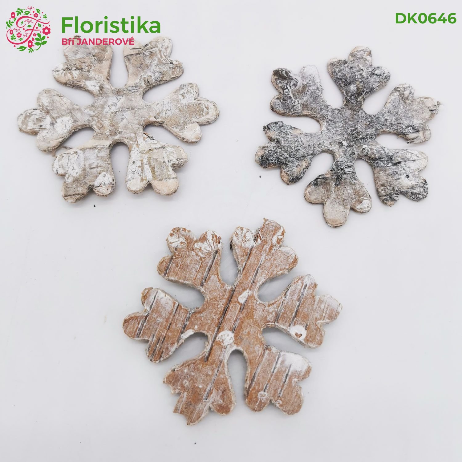 Sněhová vločka březové kůry pobělená 6/18ks