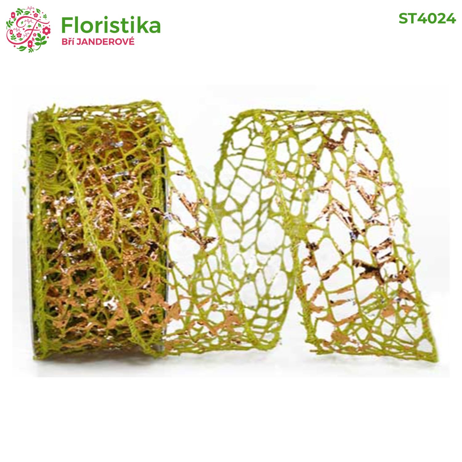 Stuha mřížka zelená zlatá dekorace 5cm/10y