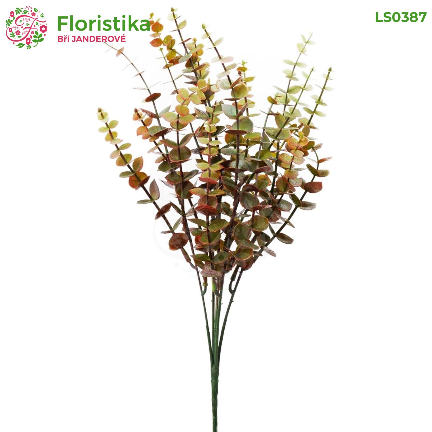 Umelá zeleň Eukalyptus Baby – 41 cm, zeleno-červená (5 vetvičiek na stonke)