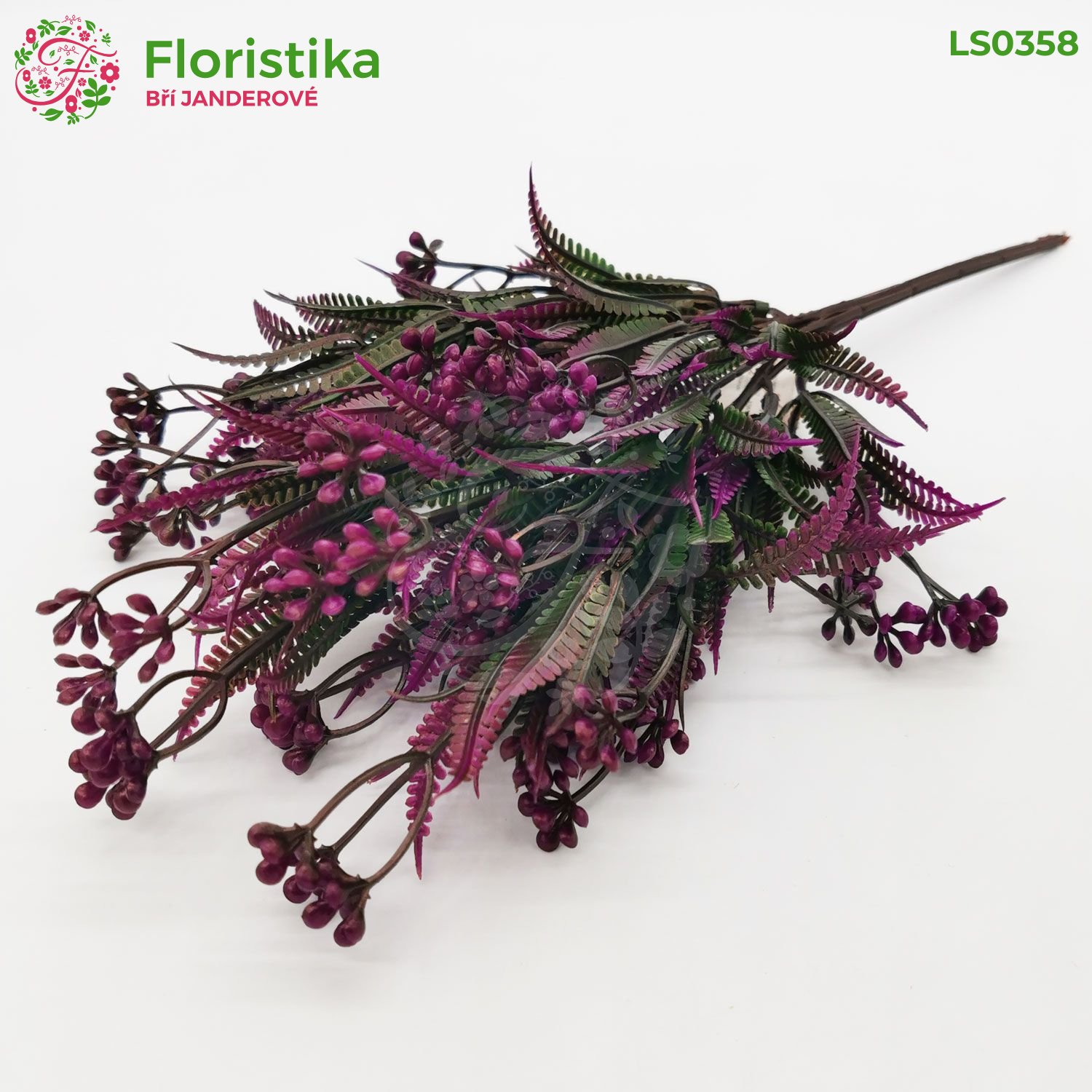 Umělá zeleň s drobnými kvítky zeleno-fialová metalik (7 větviček) – výška 37 cm