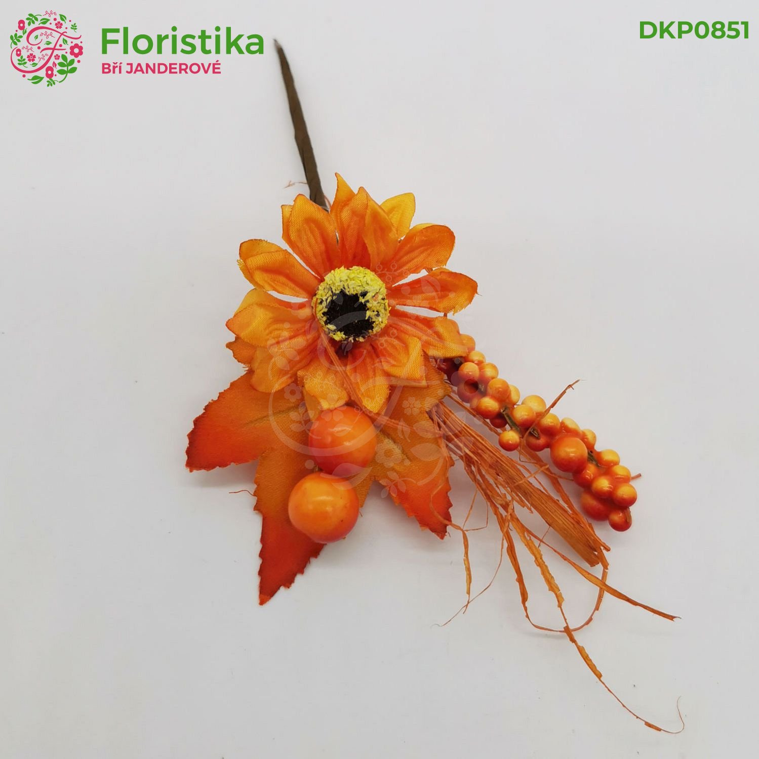 Umělý podzimní zápich slunečnice s bobulemi a listy – 15 cm